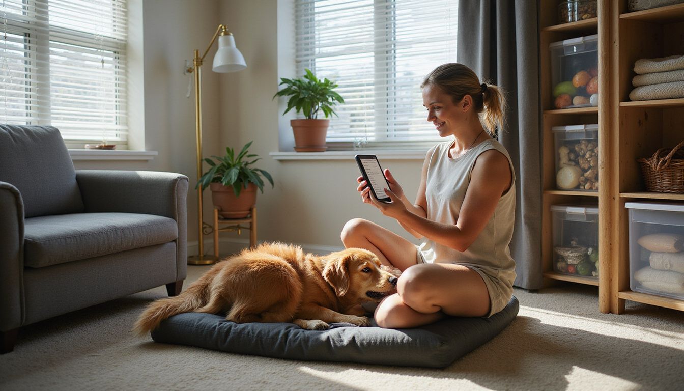 A woman sits cross-legged on the carpet, smiling at her golden retriever in their cozy apartment living room. A woman sits cross-legged on the carpet, smiling at her golden retriever in their cozy apartment living room.