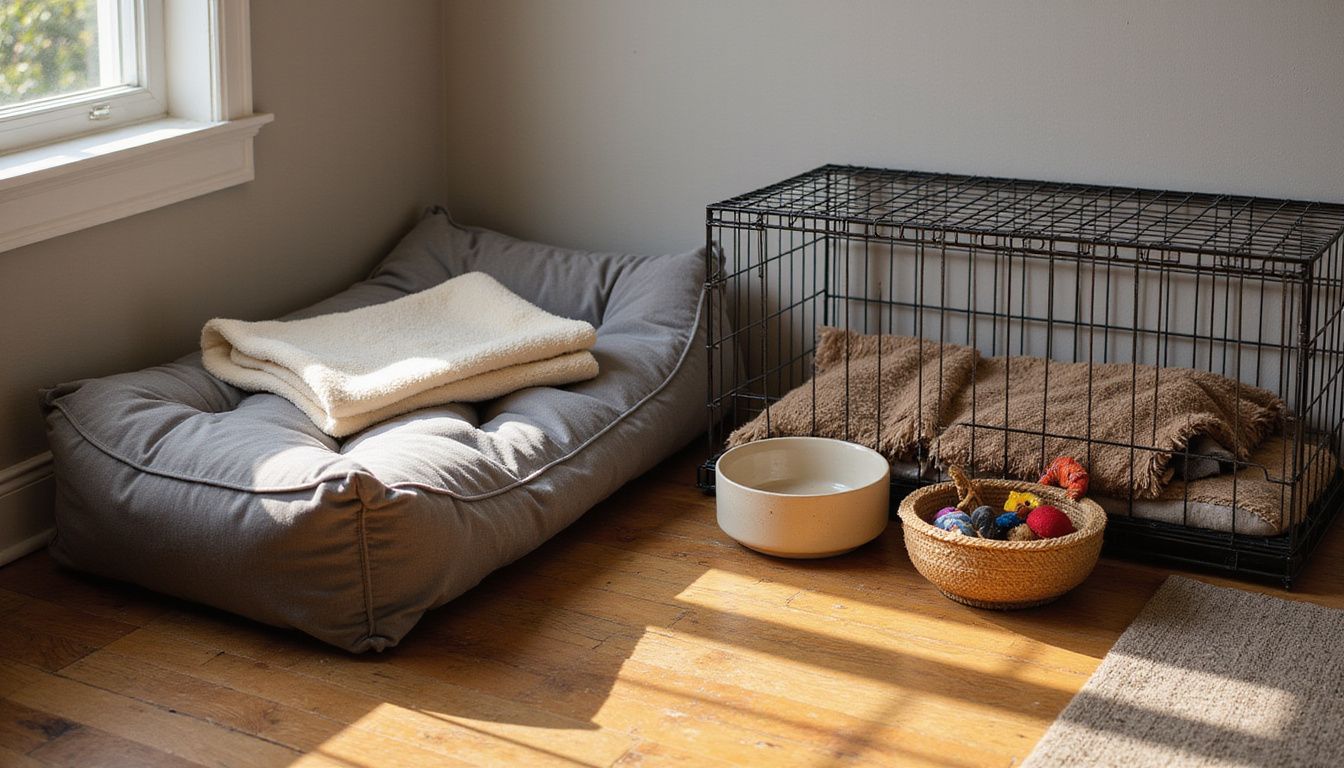 A cozy apartment corner features a dog bed, crate with blankets, and a variety of well-loved dog toys. A cozy apartment corner features a dog bed, crate with blankets, and a variety of well-loved dog toys.