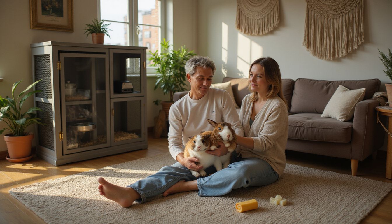 A calm woman sits cross-legged with a rabbit in a cozy, well-decorated living room featuring pet-friendly elements. A calm woman sits cross-legged with a rabbit in a cozy, well-decorated living room featuring pet-friendly elements.