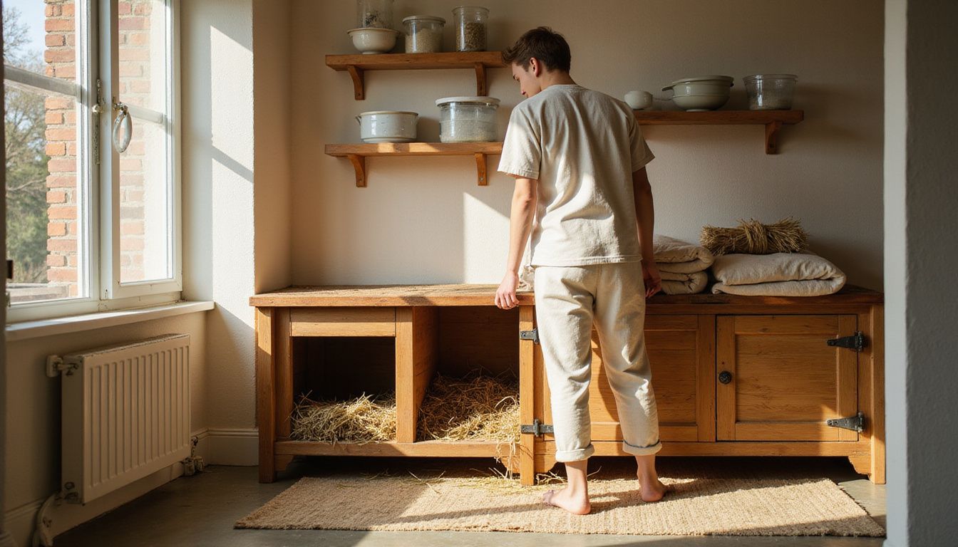 A young adult in loungewear organizes storage containers near a wooden rabbit hutch in a cozy studio apartment corner. A young adult in loungewear organizes storage containers near a wooden rabbit hutch in a cozy studio apartment corner.