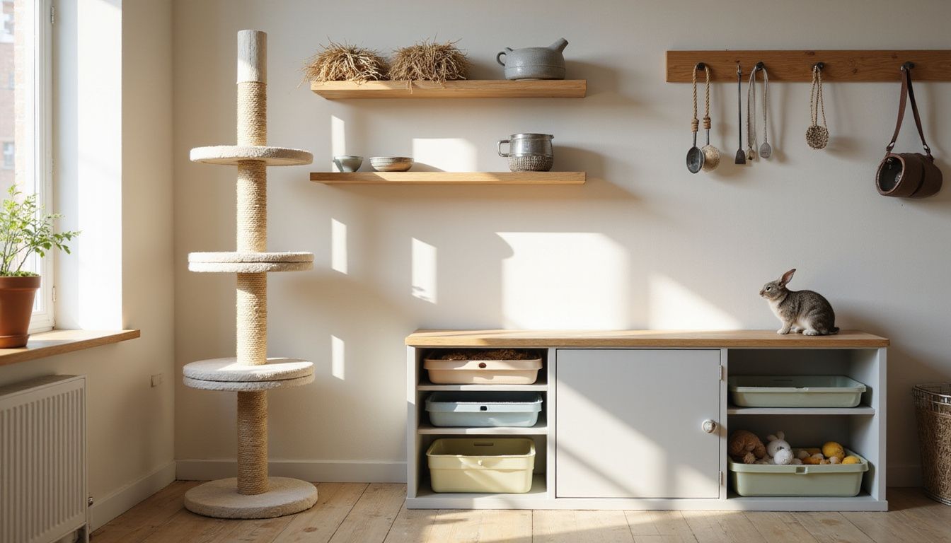 A cozy studio apartment corner features a wooden cat tree, storage bins, and a peaceful rabbit on a perch. A cozy studio apartment corner features a wooden cat tree, storage bins, and a peaceful rabbit on a perch.