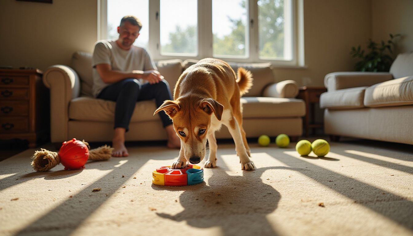A mixed-breed dog intently plays with a colorful rubber puzzle toy on a well-used carpet, watched by a relaxed person. A mixed-breed dog intently plays with a colorful rubber puzzle toy on a well-used carpet, watched by a relaxed person.