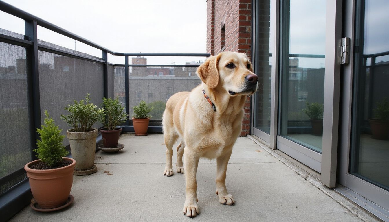 A golden retriever mix stands calmly on an apartment balcony, observing the urban skyline while secured by a stainless steel gate. A golden retriever mix stands calmly on an apartment balcony, observing the urban skyline while secured by a stainless steel gate.