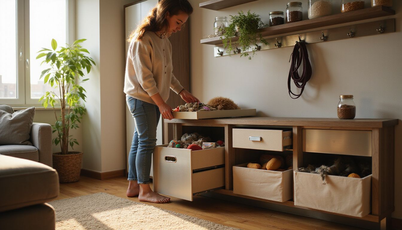 A person organizes pet supplies in a modern, practical living room with minimalist storage solutions and natural textures. A person organizes pet supplies in a modern, practical living room with minimalist storage solutions and natural textures.