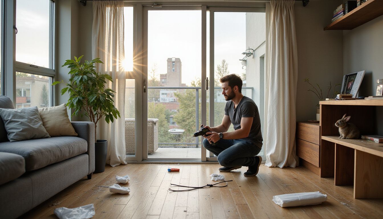 A man renovates a living room for pet safety, installing window guards and organizing cords amid ongoing project chaos. A man renovates a living room for pet safety, installing window guards and organizing cords amid ongoing project chaos.