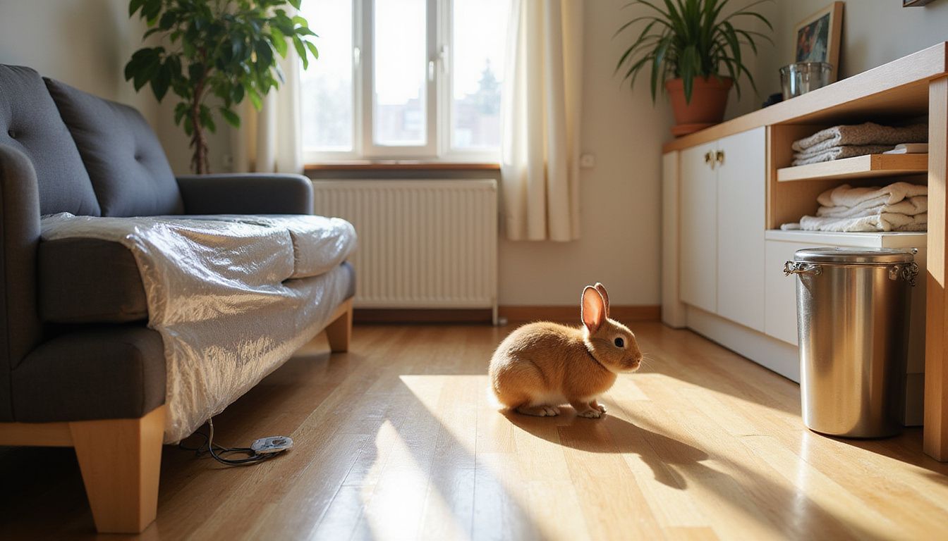 A cozy, pet-proofed living room features bubble-wrapped furniture and a curious Holland Lop rabbit on the hardwood floor. A cozy, pet-proofed living room features bubble-wrapped furniture and a curious Holland Lop rabbit on the hardwood floor.