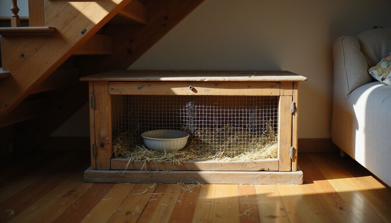 A weathered rabbit hutch filled with hay and a water bowl is nestled under a staircase in a home. A weathered rabbit hutch filled with hay and a water bowl is nestled under a staircase in a home.