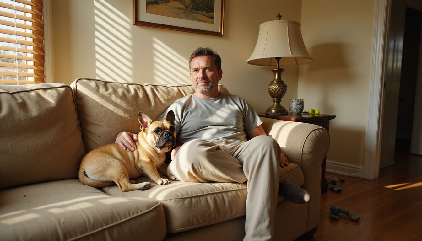 A relaxed man sits beside a French Bulldog on a cozy couch in a lived-in domestic space. A relaxed man sits beside a French Bulldog on a cozy couch in a lived-in domestic space.