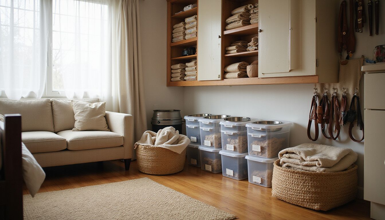A pet owner's organized apartment features labeled storage, dog supplies, grooming tools, and cozy textiles throughout the space. A pet owner's organized apartment features labeled storage, dog supplies, grooming tools, and cozy textiles throughout the space.