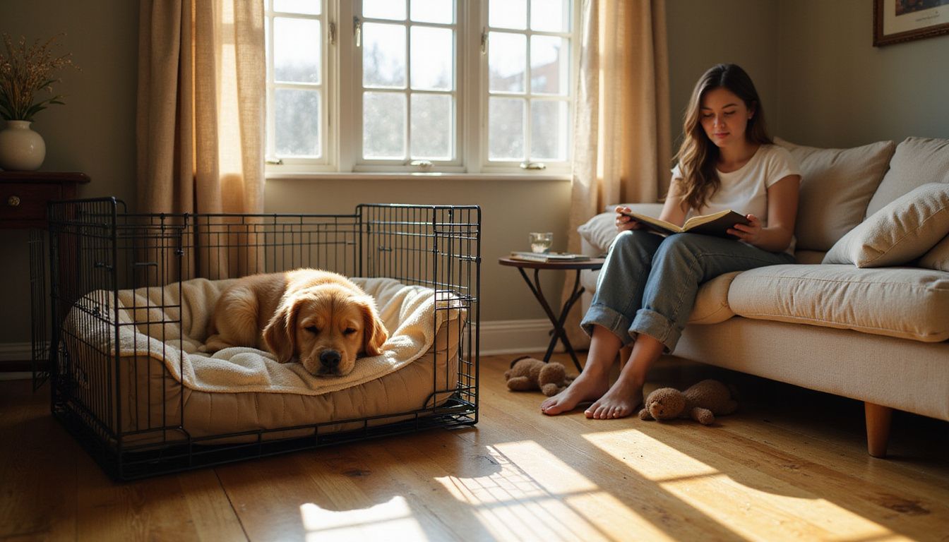 A golden retriever puppy sleeps in a cozy crate while a woman reads nearby on a comfortable couch. A golden retriever puppy sleeps in a cozy crate while a woman reads nearby on a comfortable couch.