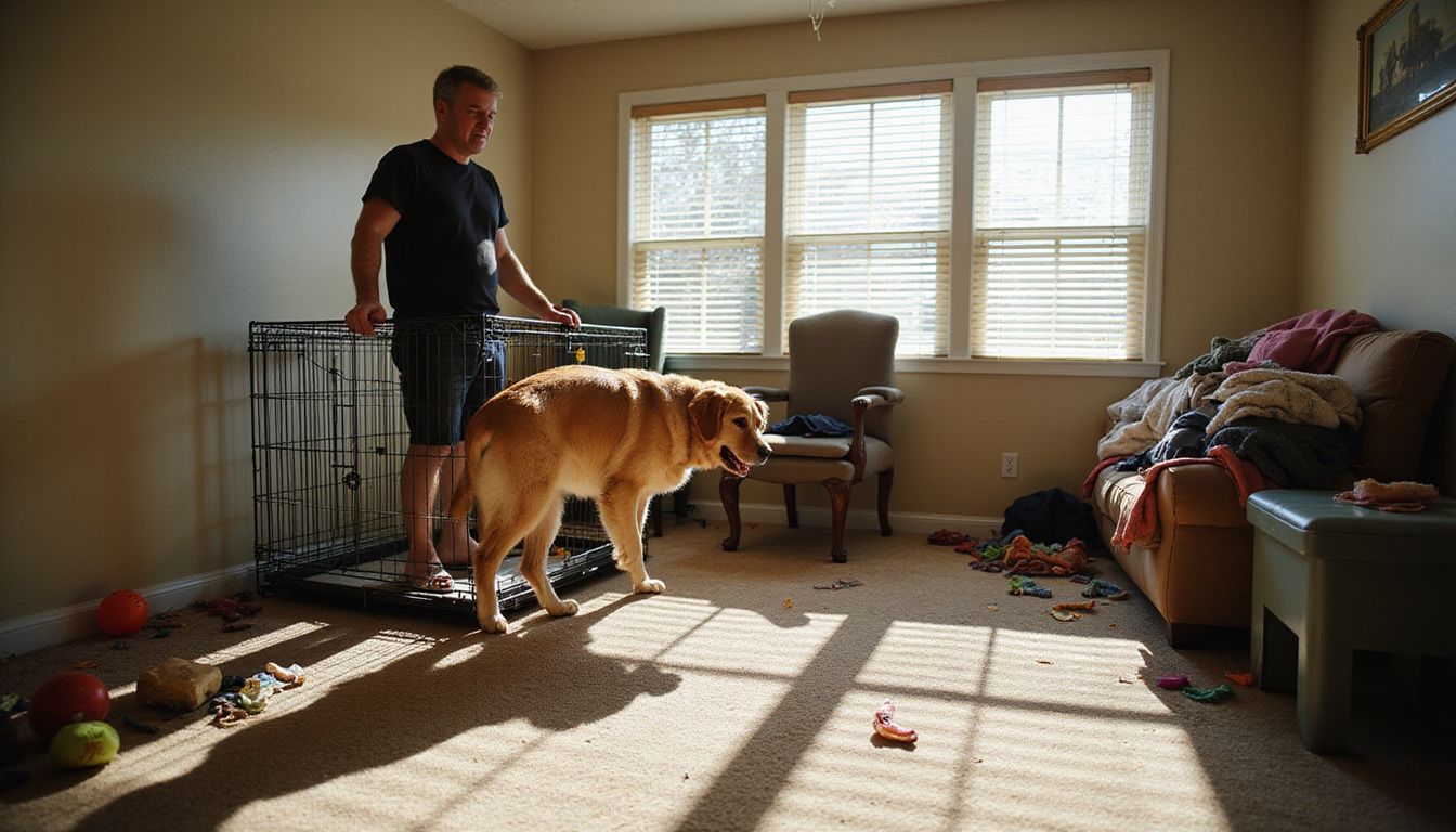 A worried person stands beside a reluctant golden retriever, resisting entry into a dog crate in a cluttered living room. A worried person stands beside a reluctant golden retriever, resisting entry into a dog crate in a cluttered living room.