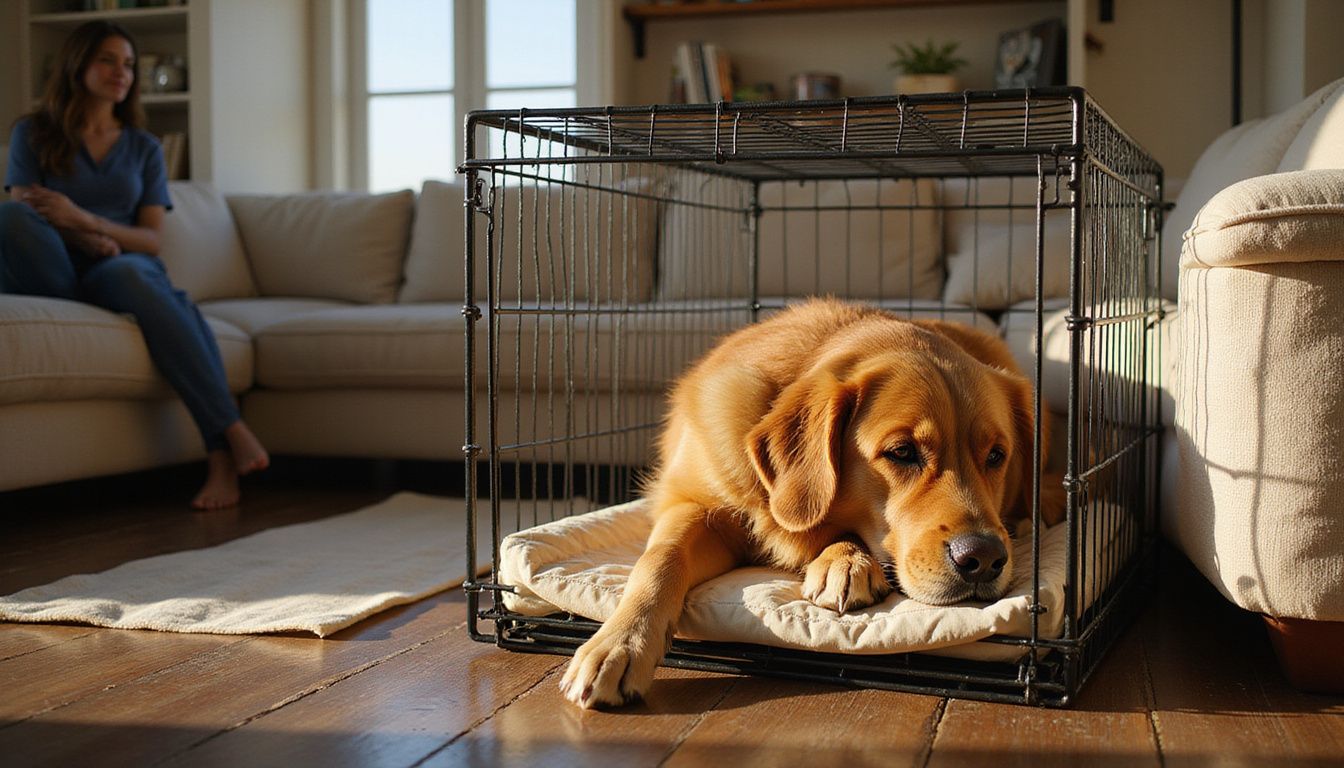 A relaxed Golden Retriever rests in a cozy crate while a woman smiles nearby, enjoying the serene moment. A relaxed Golden Retriever rests in a cozy crate while a woman smiles nearby, enjoying the serene moment.