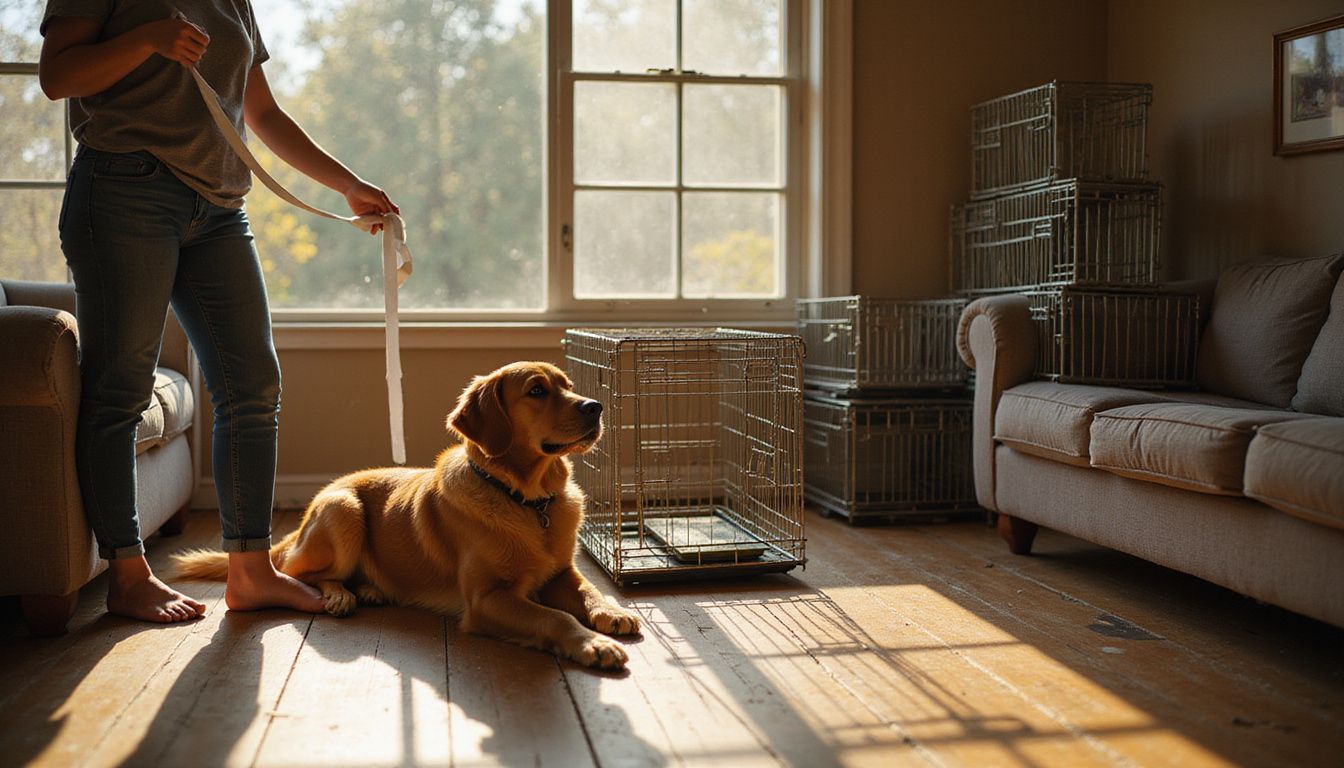 A middle-aged woman measures a dog crate while a golden retriever watches attentively in a lived-in living room. A middle-aged woman measures a dog crate while a golden retriever watches attentively in a lived-in living room.
