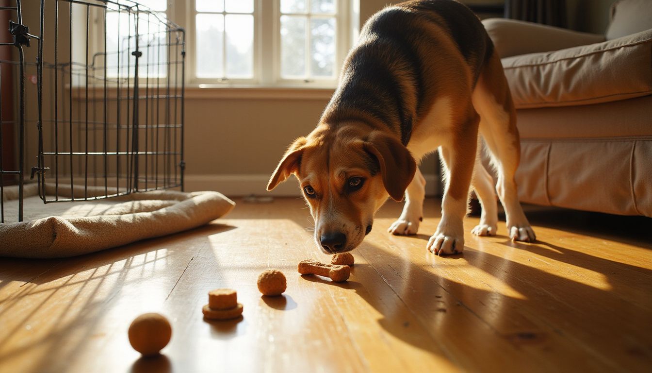A curious mixed-breed dog explores a trail of treats leading into an open wire crate on a hardwood floor. A curious mixed-breed dog explores a trail of treats leading into an open wire crate on a hardwood floor.