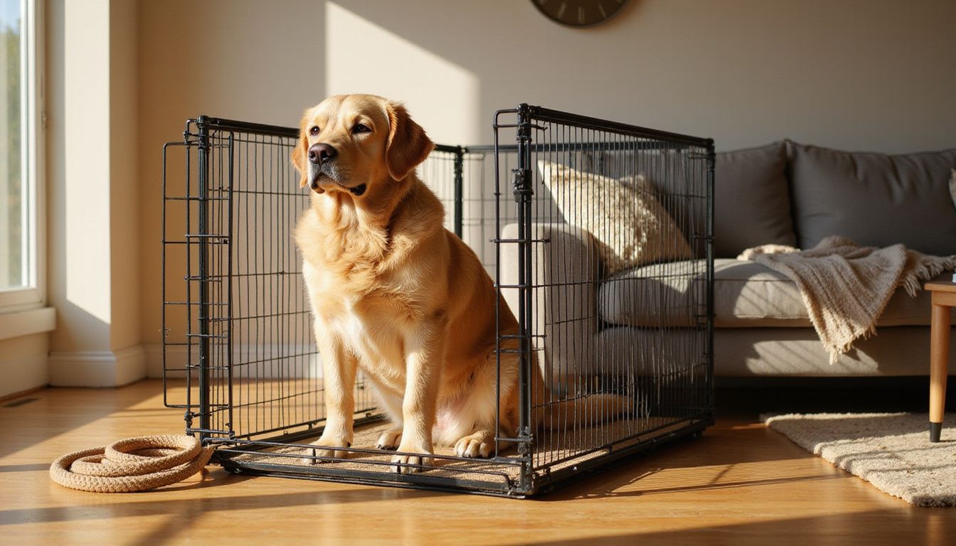 A golden retriever relaxes inside a crate in a cozy living room, surrounded by warm decor and a leash nearby. A golden retriever relaxes inside a crate in a cozy living room, surrounded by warm decor and a leash nearby.