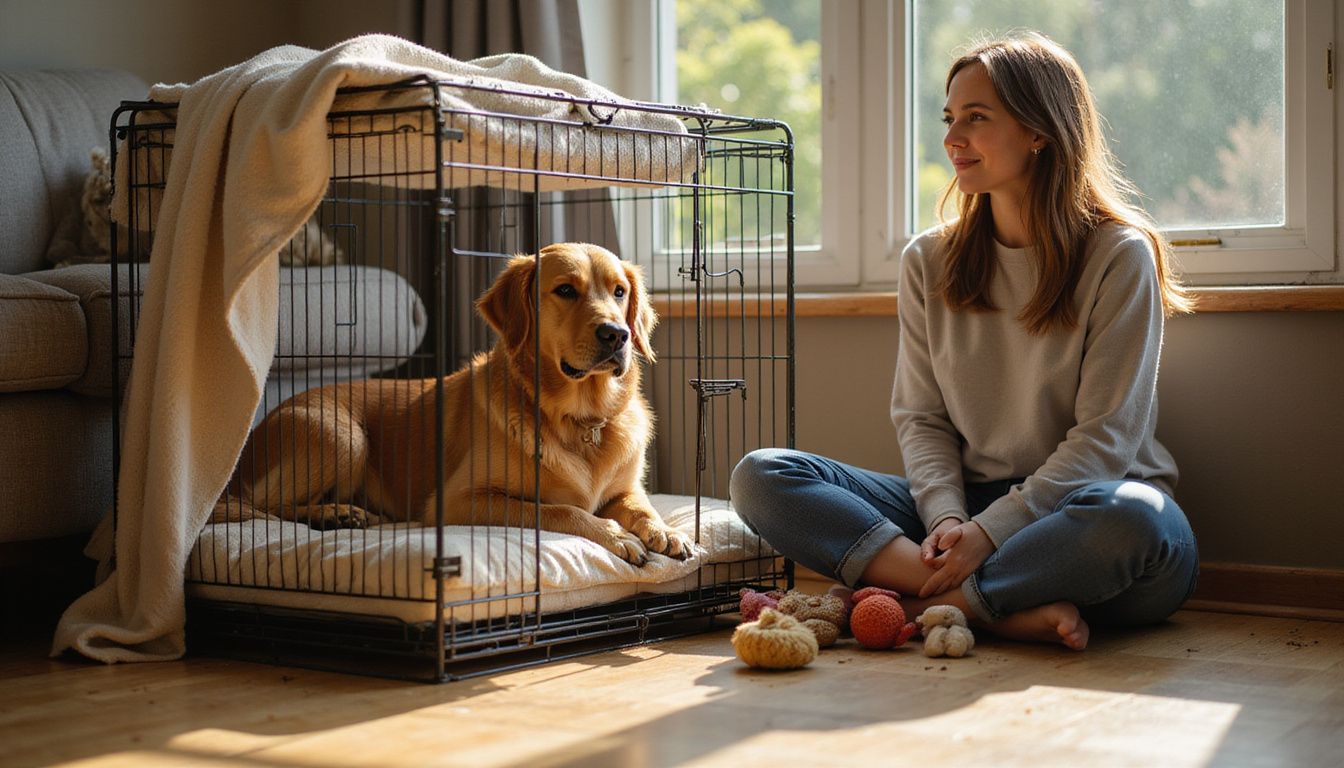 A woman relaxes beside her Golden Retriever in a cozy living room filled with toys and soft blankets. A woman relaxes beside her Golden Retriever in a cozy living room filled with toys and soft blankets.
