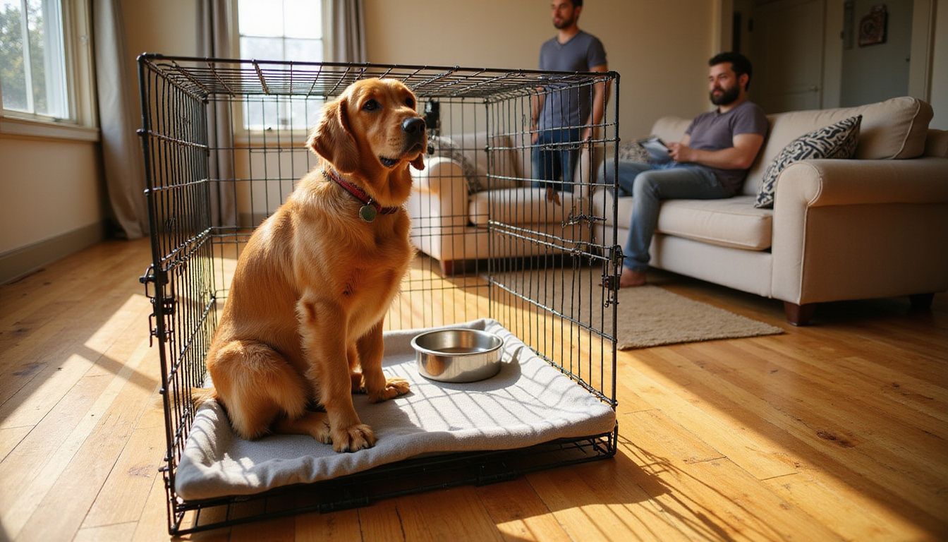 A golden retriever sits alert in a sturdy crate, surrounded by a cozy living room setting. A golden retriever sits alert in a sturdy crate, surrounded by a cozy living room setting.