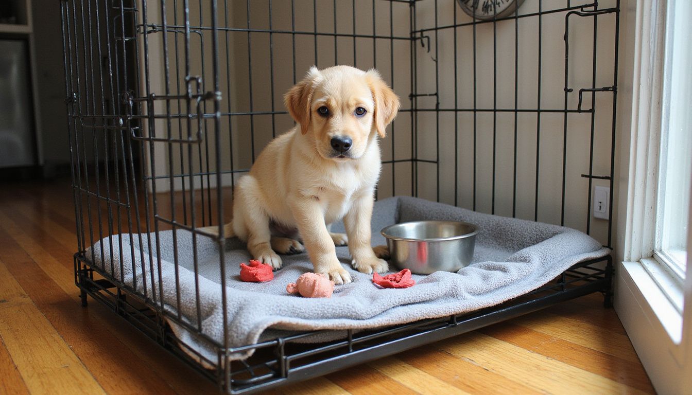 A young golden retriever puppy sits alert in a crate, surrounded by toys and training pads. A young golden retriever puppy sits alert in a crate, surrounded by toys and training pads.