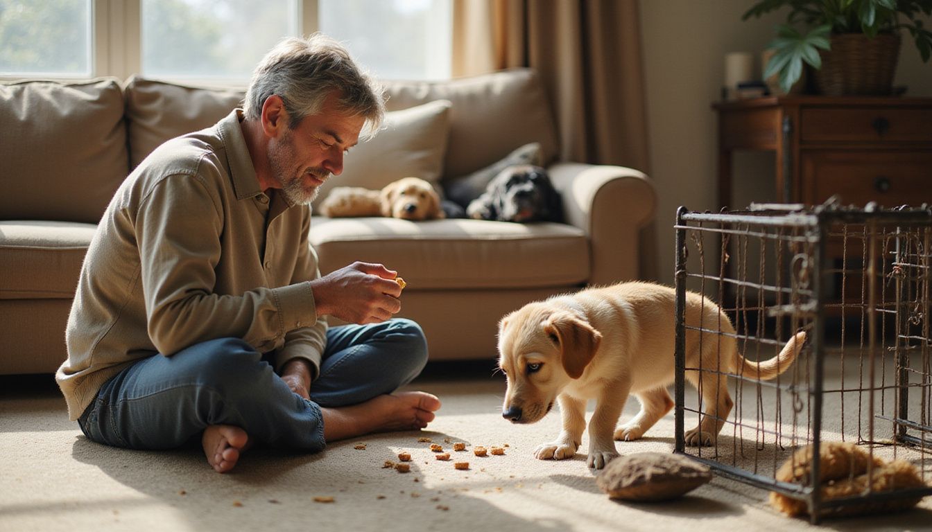 A middle-aged person trains a golden retriever puppy using treats in a cozy living room. A middle-aged person trains a golden retriever puppy using treats in a cozy living room.