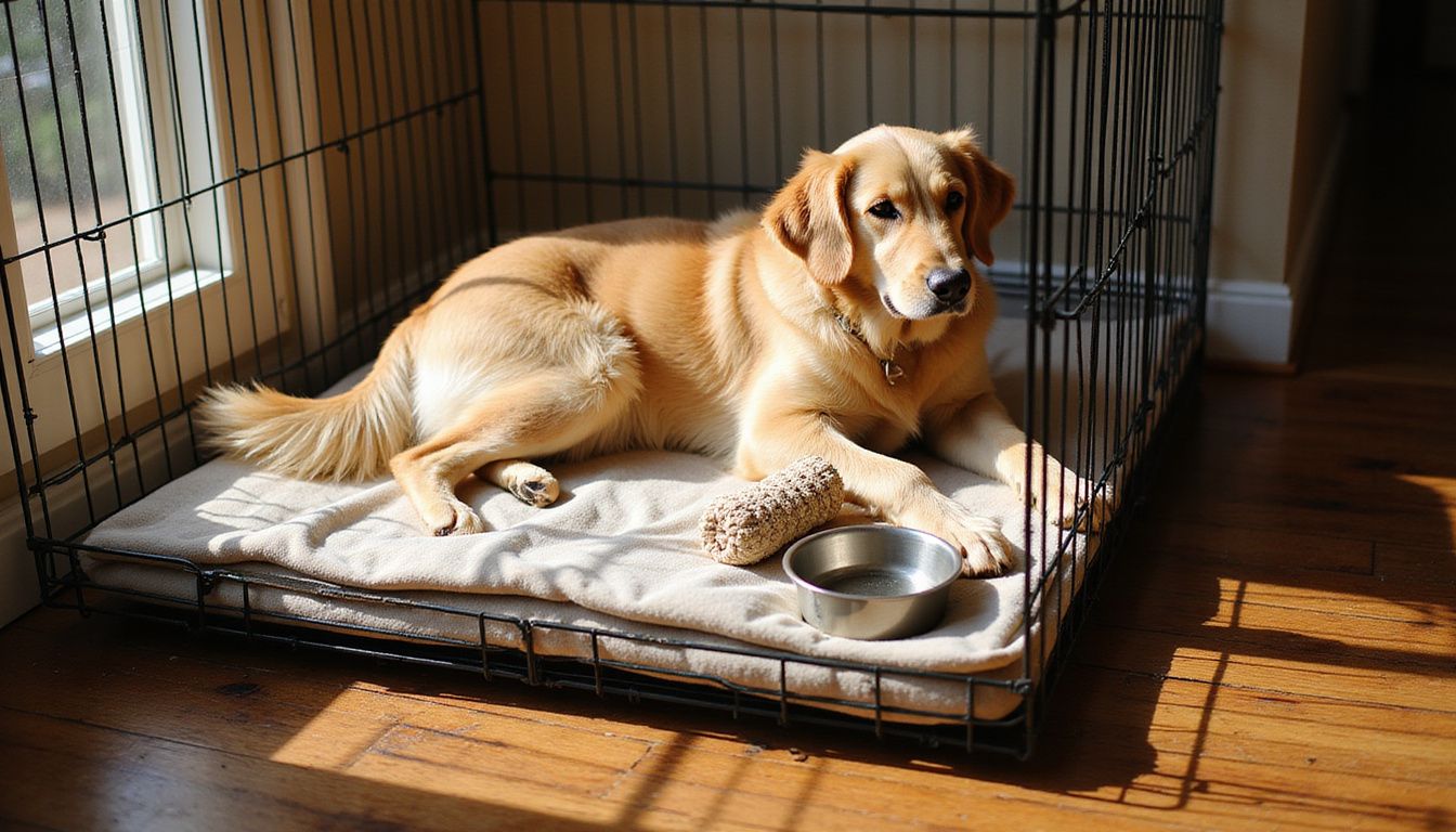 A golden retriever relaxes peacefully on orthopedic bedding inside a wire crate, surrounded by toys and a water bowl. A golden retriever relaxes peacefully on orthopedic bedding inside a wire crate, surrounded by toys and a water bowl.