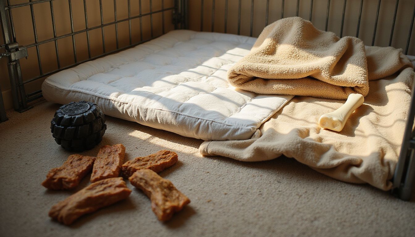 The image depicts a cozy dog crate filled with bedding, toys, and treats, showcasing a lived-in pet space. The image depicts a cozy dog crate filled with bedding, toys, and treats, showcasing a lived-in pet space.