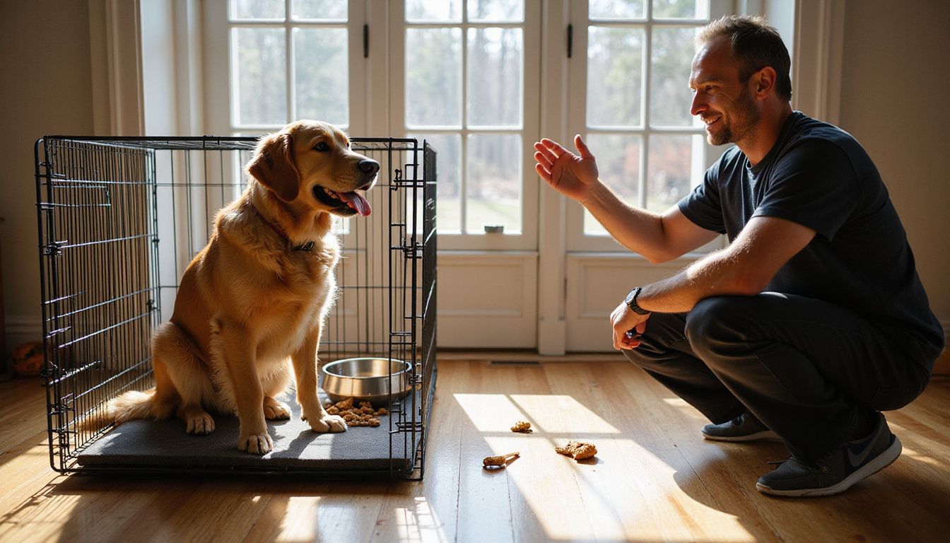 A golden retriever prepares to enter a crate while a man encourages him with treats and a warm smile. A golden retriever prepares to enter a crate while a man encourages him with treats and a warm smile.