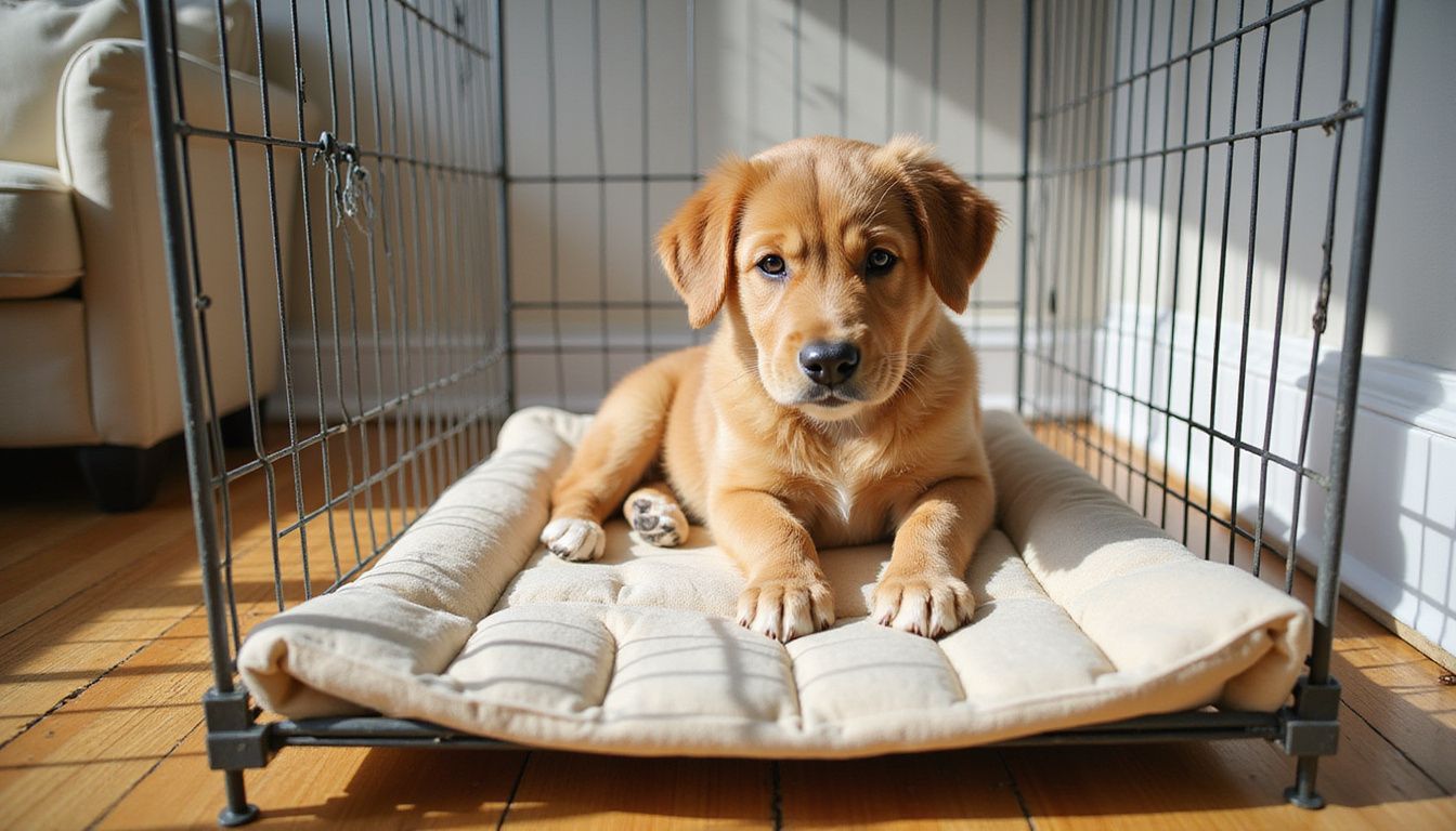 A three-month-old Golden Retriever puppy rests in a crate with memory foam bedding, displaying a contemplative expression. A three-month-old Golden Retriever puppy rests in a crate with memory foam bedding, displaying a contemplative expression.
