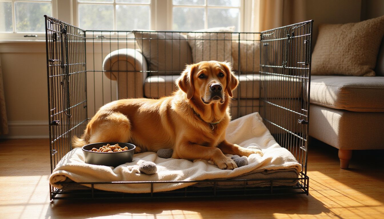 A relaxed golden retriever lounges in a cozy crate surrounded by blankets and toys in a contemporary living room. A relaxed golden retriever lounges in a cozy crate surrounded by blankets and toys in a contemporary living room.