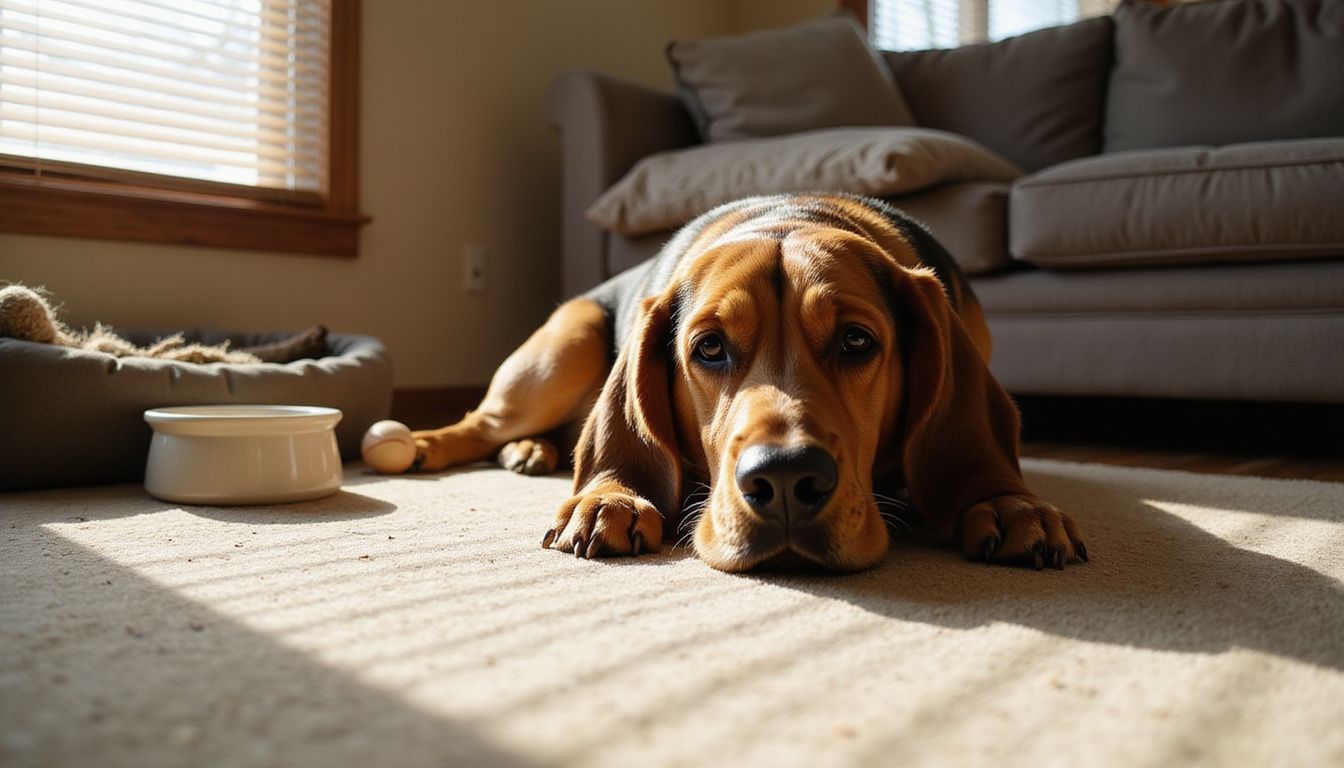 A relaxed Basset Hound lies on a carpet, surrounded by toys and an empty water bowl.
