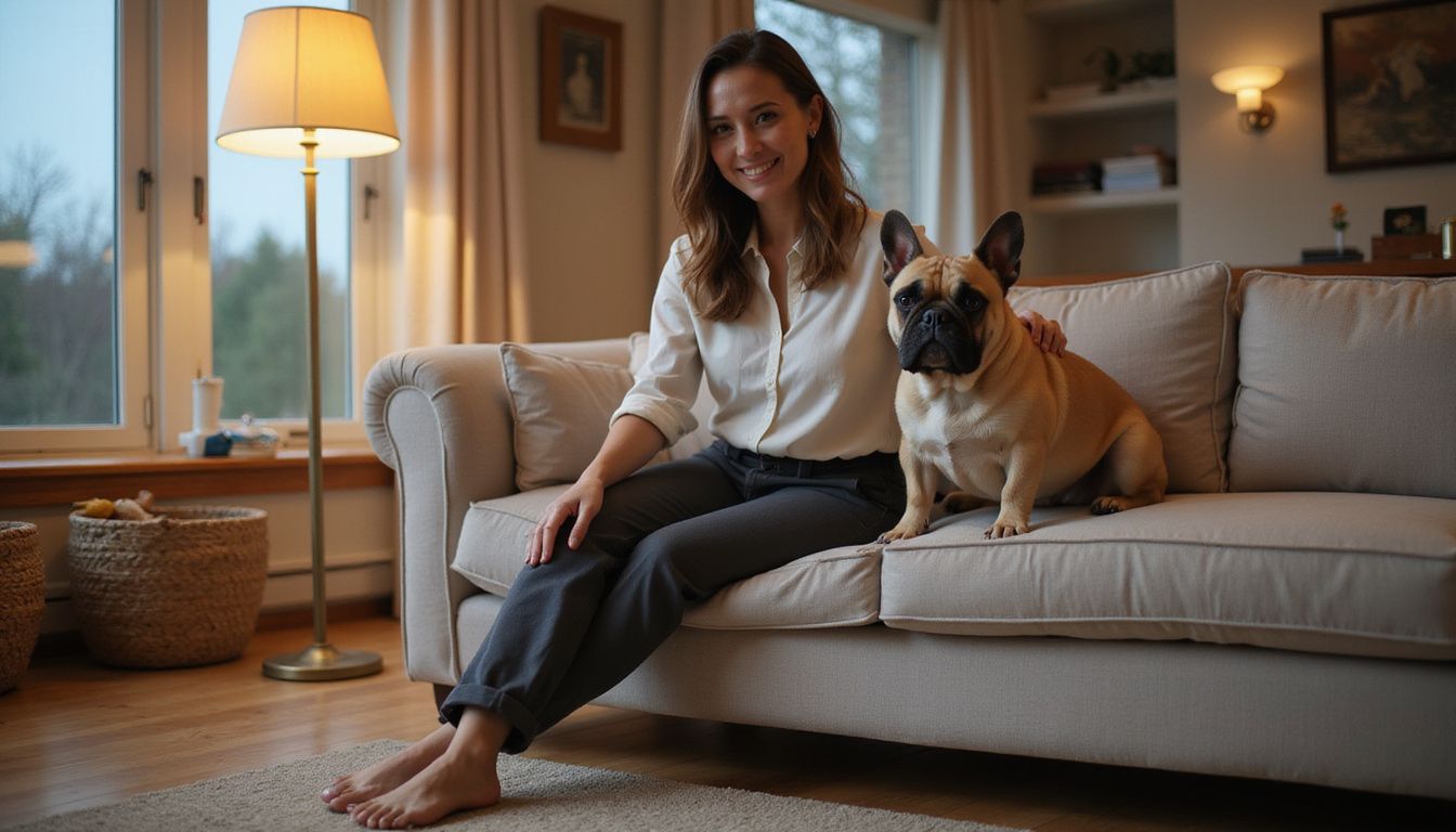 A relaxed woman in tailored attire gently strokes a content French Bulldog on a cozy beige couch.