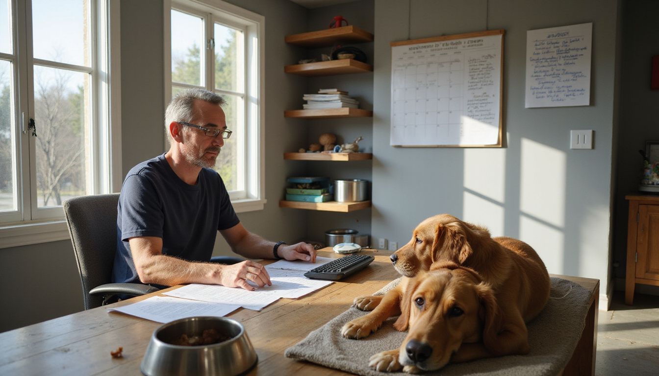 A focused middle-aged man works at his oak desk while his golden retriever relaxes nearby in a cozy home office.