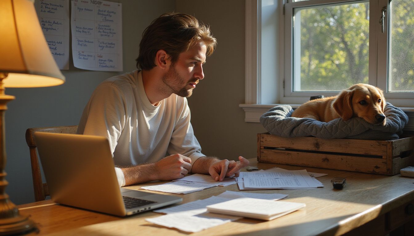 A focused individual works at a home office desk, while a relaxed golden retriever lounges in a nearby crate.