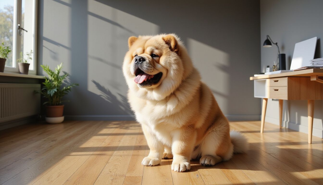 A serene, dignified Chow Chow sits calmly on a polished hardwood floor, showcasing its luxurious cream-colored coat.