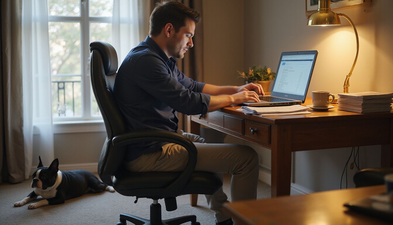A focused man works at a wooden desk in his home office, accompanied by a relaxed Boston Terrier nearby.