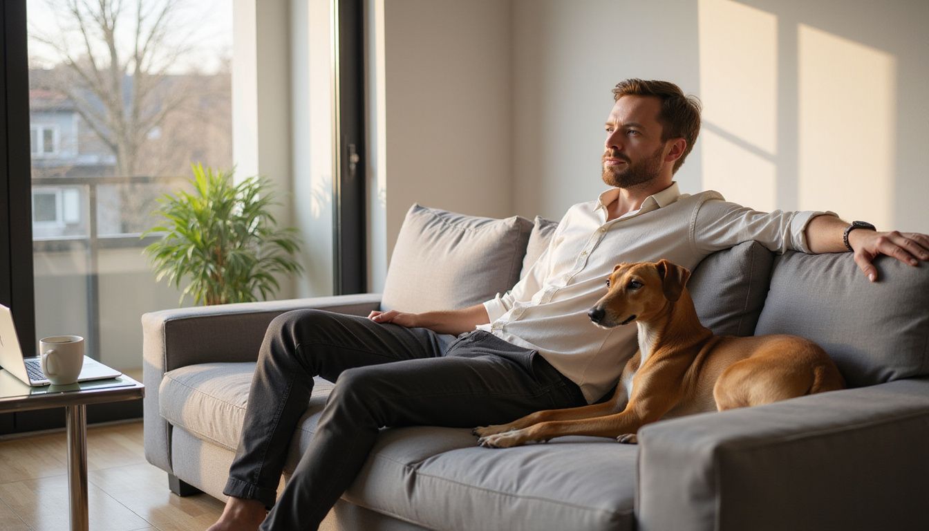 A man relaxes on a sofa with a greyhound, embodying serene companionship in a minimalist living room.
