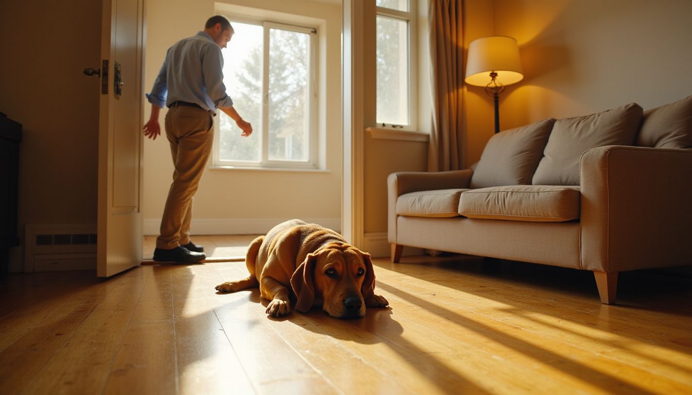 A man enters his apartment, where his relaxed Basset Hound rests peacefully on the hardwood floor.