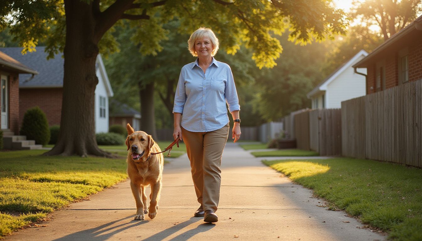 A middle-aged woman casually walks her Golden Retriever along a tree-lined suburban street.