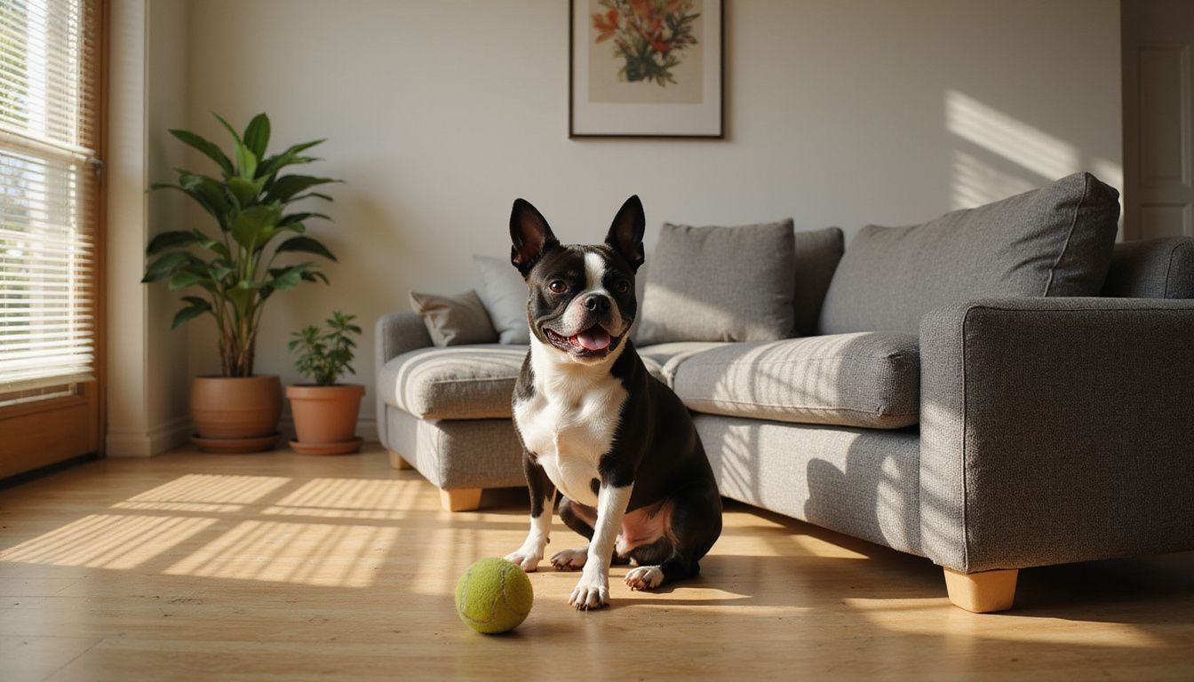 A content Boston Terrier relaxes on a gray sectional sofa, surrounded by a cozy living room ambiance.