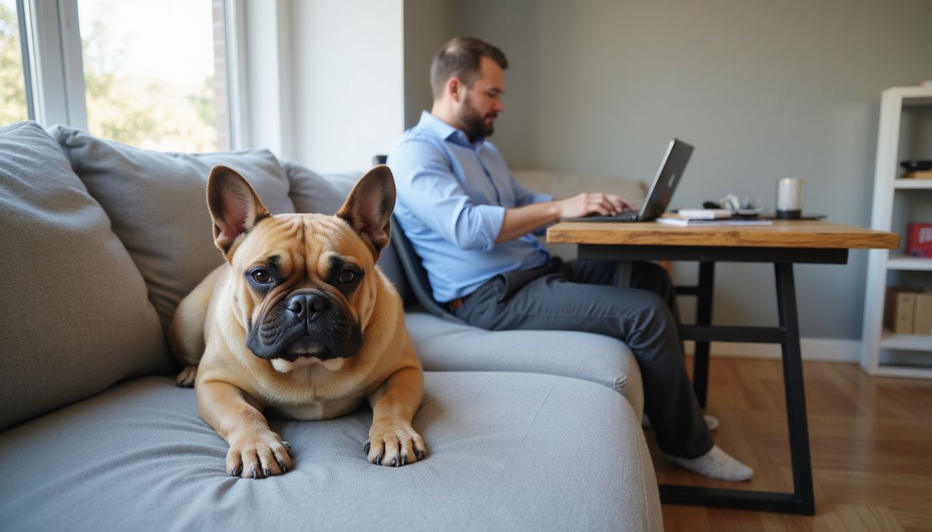 A fawn-colored French Bulldog relaxes on a gray sofa while a man works at a desk in the background.