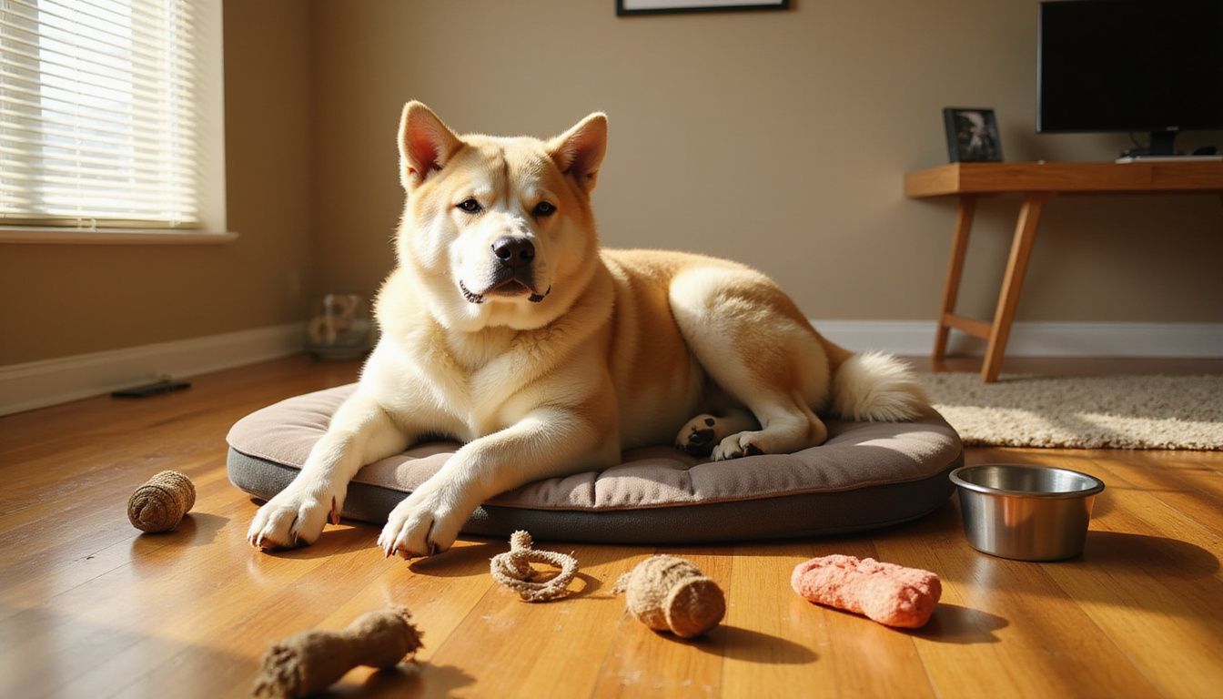 A relaxed Akita lies on an orthopedic bed in a contemporary living room, surrounded by toys and modern decor.
