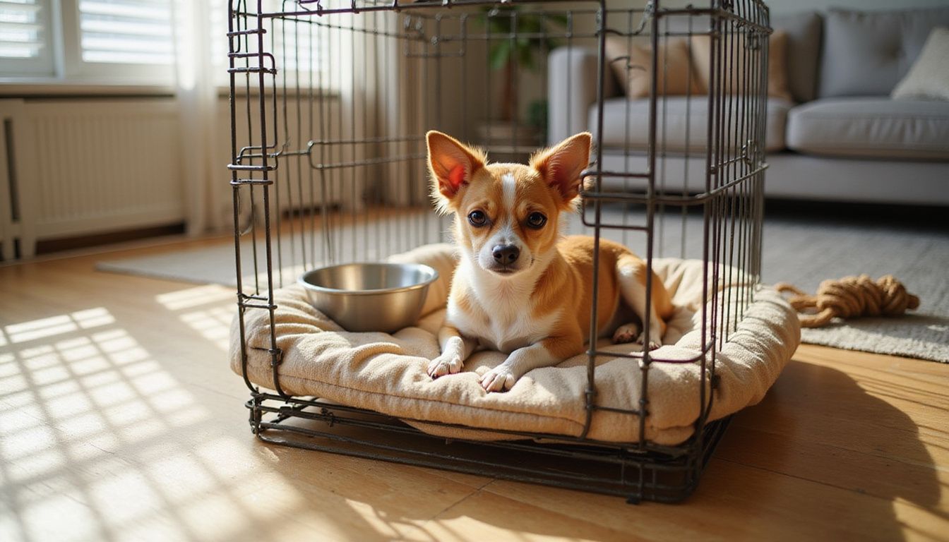 A relaxed tan and white chihuahua rests in a cozy crate with a plush bed and a chew toy nearby.