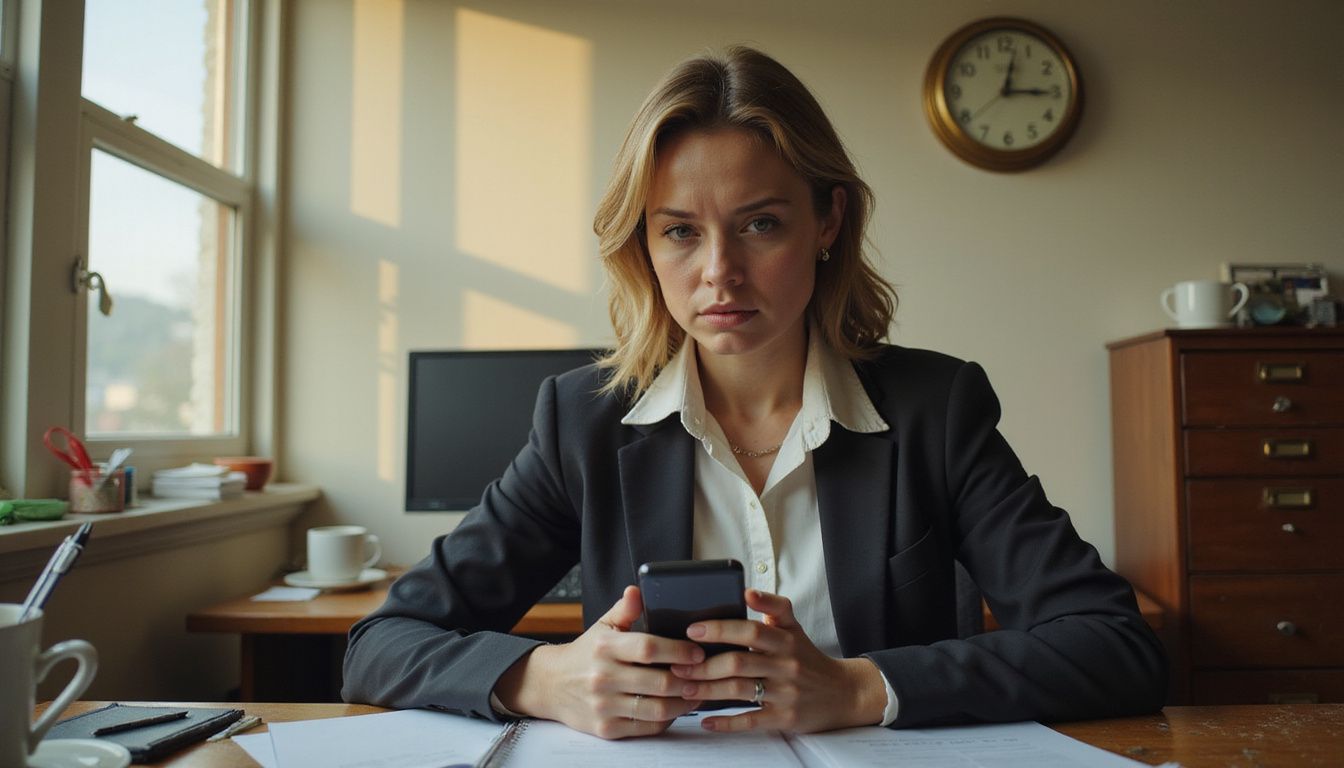 A concerned woman in business attire checks her phone at her desk, distracted by thoughts of her dog at home.