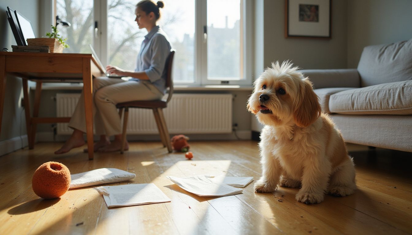 A Lhasa Apso sits beside a woman working at a minimalist desk in a cozy apartment living room.