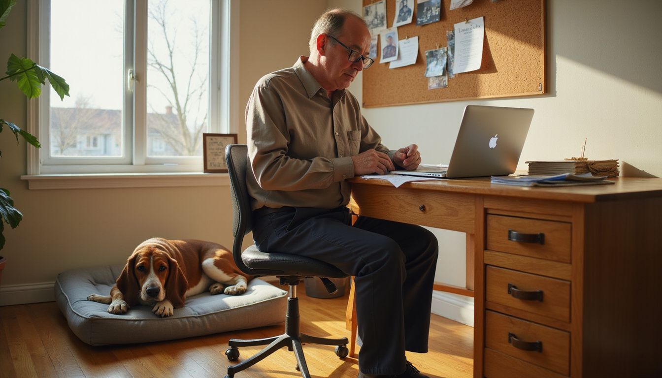 A middle-aged person reads at a desk with scattered documents while a Basset Hound rests nearby in a cozy home office.
