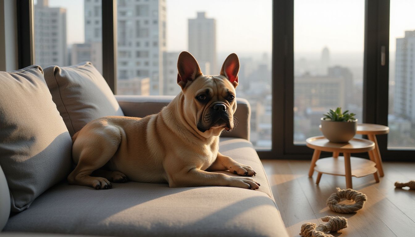 A fawn-colored French Bulldog relaxes peacefully on a modern gray sectional sofa in a high-rise apartment.