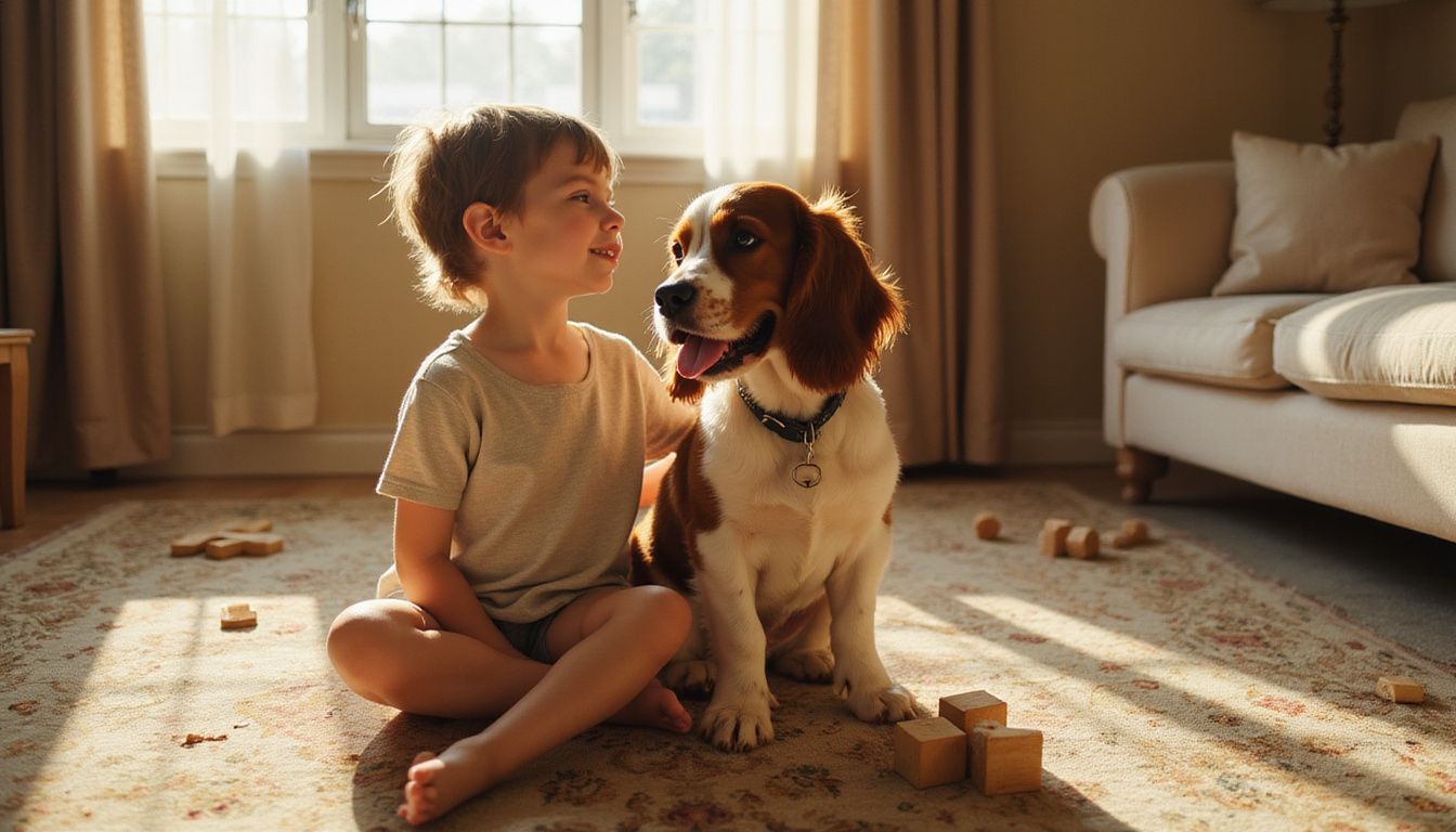 A joyful child sits on a carpet beside a Cavalier King Charles Spaniel, surrounded by scattered toys.
