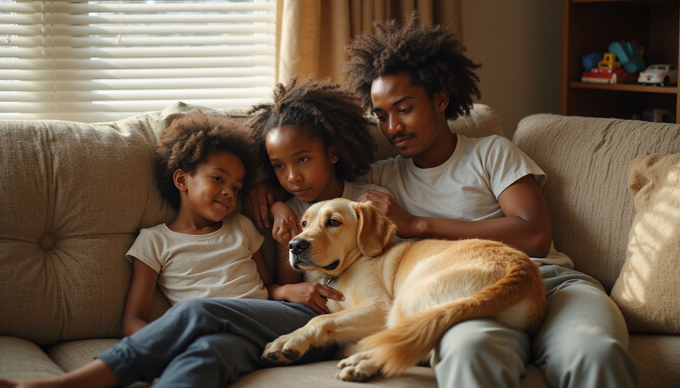 A mixed-race family of four relaxes together on a worn couch with their golden retriever, surrounded by toys and home comforts.