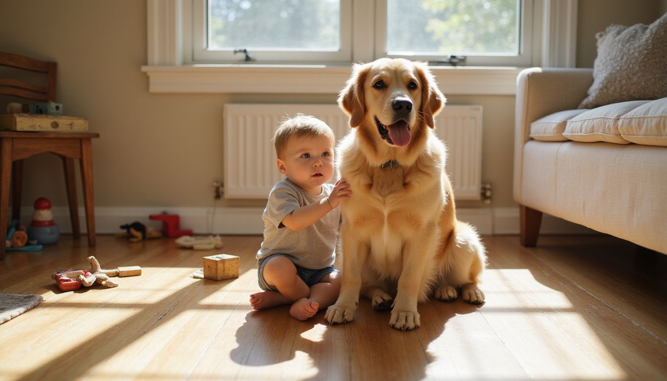 A golden retriever sits beside a child, both conveying a warm, intimate connection in a cozy living room.