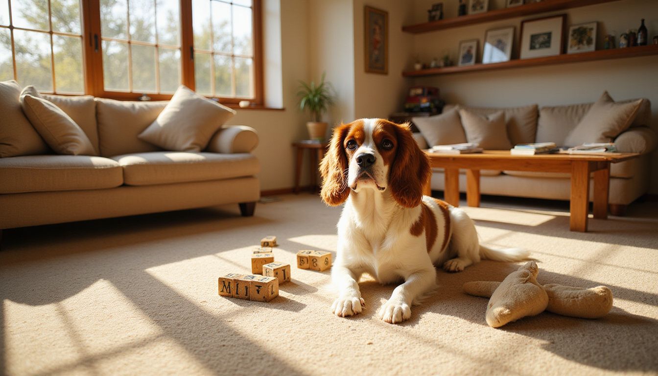 A Cavalier King Charles Spaniel relaxes on a cream carpet surrounded by wooden blocks and a worn plush rabbit toy.