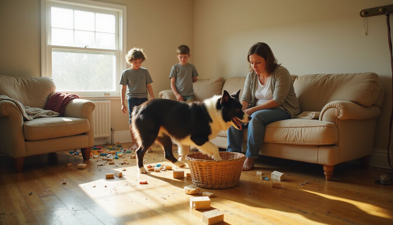 A weary woman sits amid a chaotic living room as her distressed children and an energetic dog create disorder.